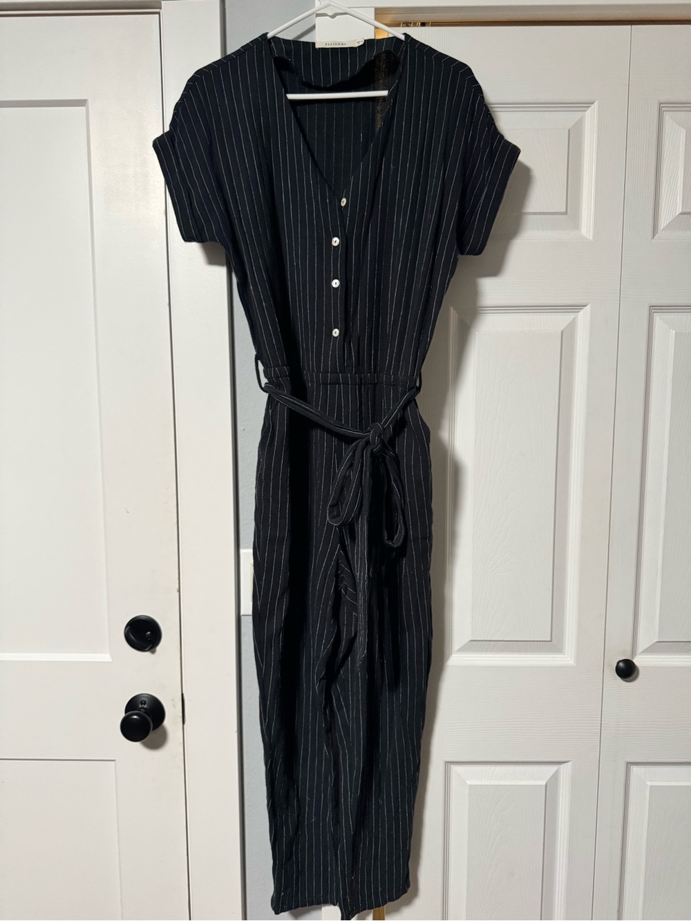 Black Pinstripe V-Neck Belted Jumpsuit